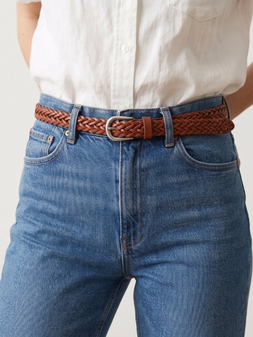 *Women's Skinny Woven Leather Belt with Silver Buckle – Cognac Brown